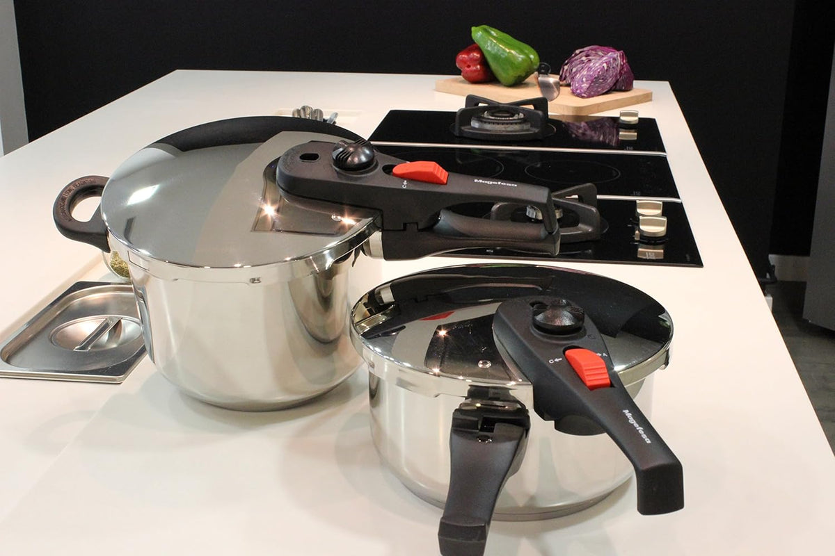 Magefesa Practika Plus Pressure Cooker, 4.2 & 6.3 Quart, 18/10 Stainless Steel, Induction-Compatible, Superior Heat Distribution, Encapsulated Diffuser Bottom, 5 Safety Systems