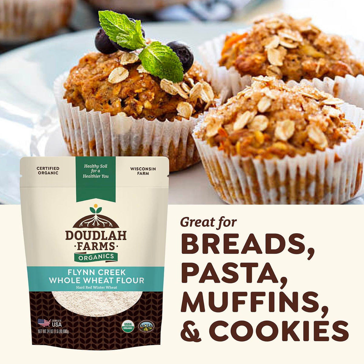 Organic Whole Wheat Flour 1.5 lb - Non-GMO, Pesticide-Free, Regenerative Organic Certified for Baking Bread, Pizza, Pasta, & More by Doudlah Farms