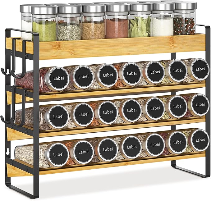 EsLuker.ly Spice Seasoning Rack Organizer Kitchen Countertop, 4 Tier Bamboo Spice Shelf Holder Storage with 4 Hooks, Wall Mounted Freestanding Stand for Pantry, Quick Spice Access(Jars Not Included)