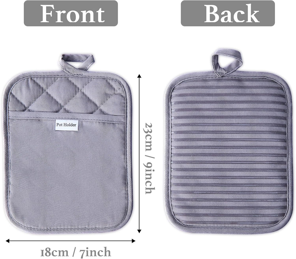 Kitchen Everyday Basic Pot Holder Heat Resistant Coaster Soft Silicone Water Resistant Pot Holder Set Oven Mitts with Pocket, 2 Piece Set, 7"x9" Grey