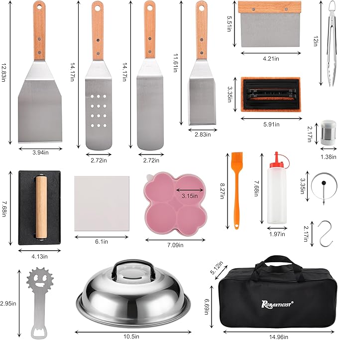 ROMANTICIST 132PC Professional Griddle Accessories Kit - Heavy Duty Stainless Steel Grill Spatula Set for Grill Griddle Hibachi Flat Top Outdoor Cooking - Great Grill Gift on Birthday Wedding
