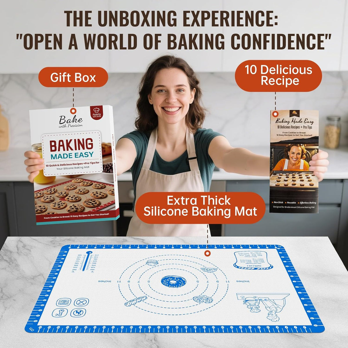 Silicone Baking Mat With 10 Recipes,Silicone Macaron Baking Sheet for Cookie, Pizza, Surdough, Pastry,Dough Rolling out, Non Stik and 480°F Oven Safe