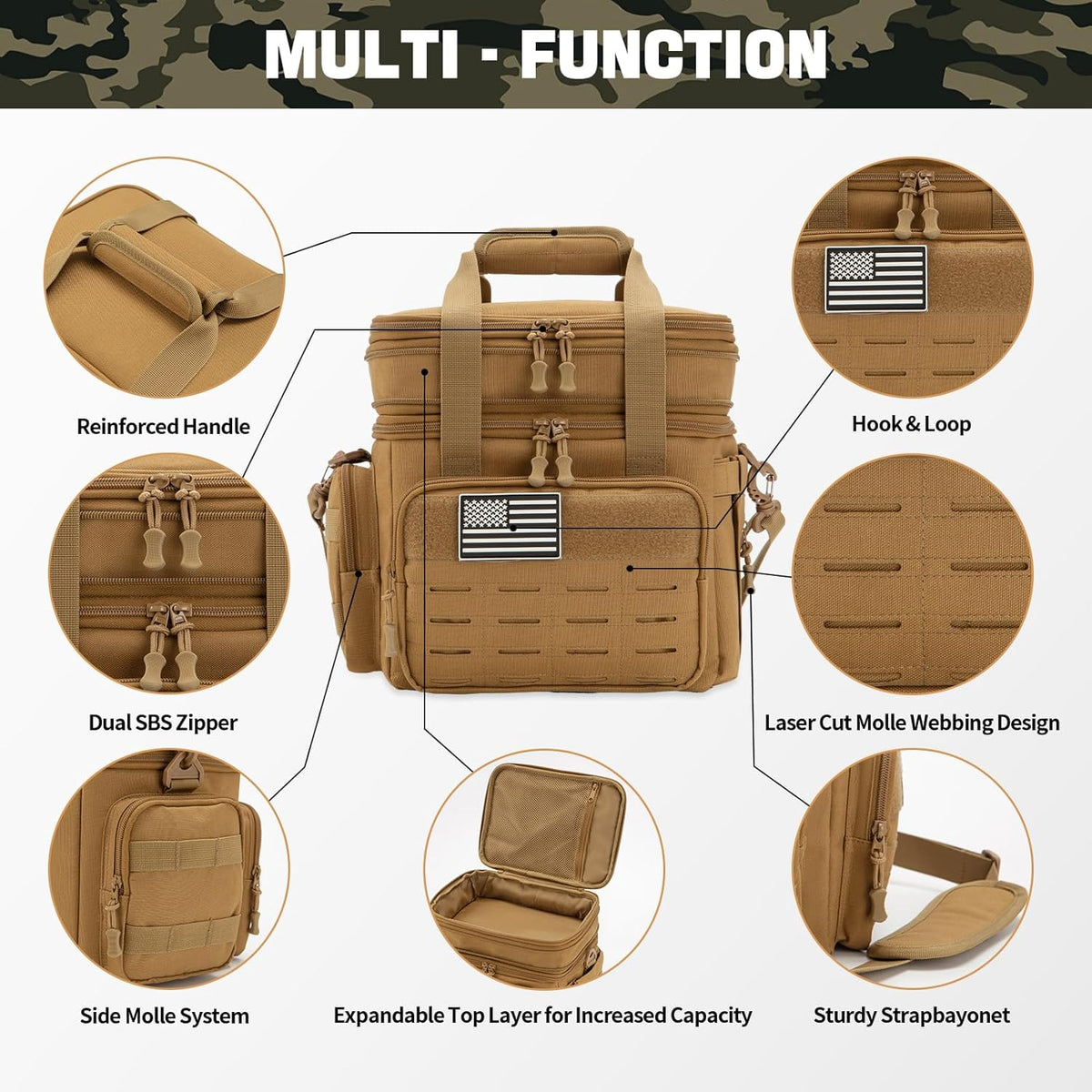QT&QY Tactical Lunch Box for Men Expandable 18L Heavy Duty Military Insulated Cooler Bag, Leakproof Thermal Lunch Bag for Work Camping Outdoor Picnic Pail Adult Meal MOLLE Webbing Khaki