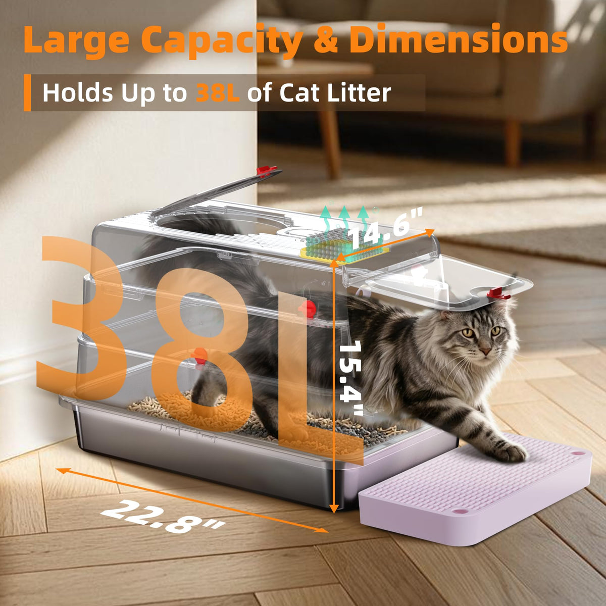 4-in-1 Stainless Steel Cat Litter Box with Flip Lid and High Sides, Lilac