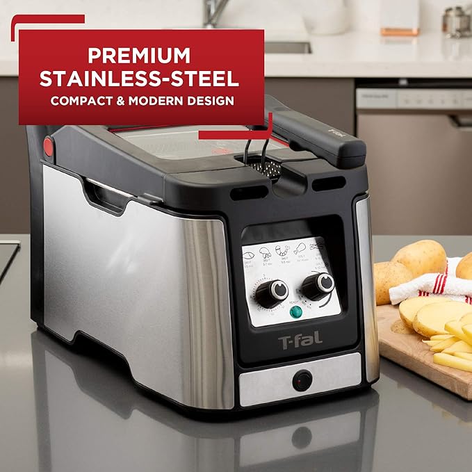 T-fal Deep Fryer with Basket, Electrics Stainless Steel 3.5 Liter Oil Capacity, 2.6 Pound Food Capacity 1800 Watts Easy Clean, Temp Control, Digital Timer, Oil Filtration, Dishwasher Safe Parts Silver