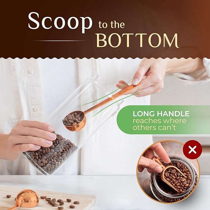 Orblue Premium Coffee Scoop Set - 1 Tbsp (15ml) & 2 Tbsp (30ml) Measuring Tablespoon - Stainless Steel Coffee Measuring Spoon and Scooper with Long Handles - Pack of 2 - Rose Gold