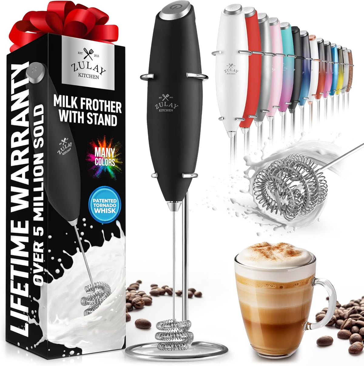 Zulay Kitchen Tornado Milk Frother Handheld Wand – Electric Coffee Frother with Triple Whisk & Stand – Hand Held Drink Mixer for Latte, Cappuccino, Matcha, Hot Chocolate, Protein Shakes – Black
