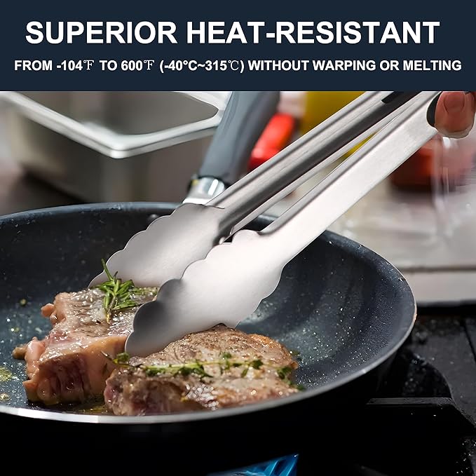 Anaeat 3 Pack 7" Mini Stainless Steel Locking Tongs - Sturdy Coiled Spring Kitchen Food Tong with Non-Slip Silicone Tips and Grip for Serving, Cooking, Baking and BBQ - Heat Resistant Metal Tongs
