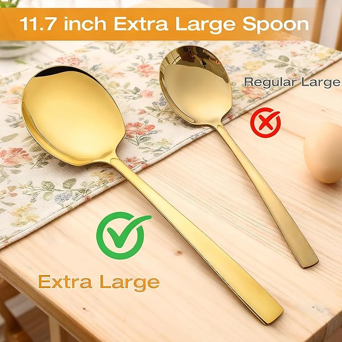 Extra Large Serving Spoons Set 11.7-Inch Gold Serving Slotted Spoon x 2 Serving Spoon x 2, 18/8 Stainless Steel Big Serving Utensil for Buffet, Parties, Catering - Dishwasher Safe(4-Pack, Gold)