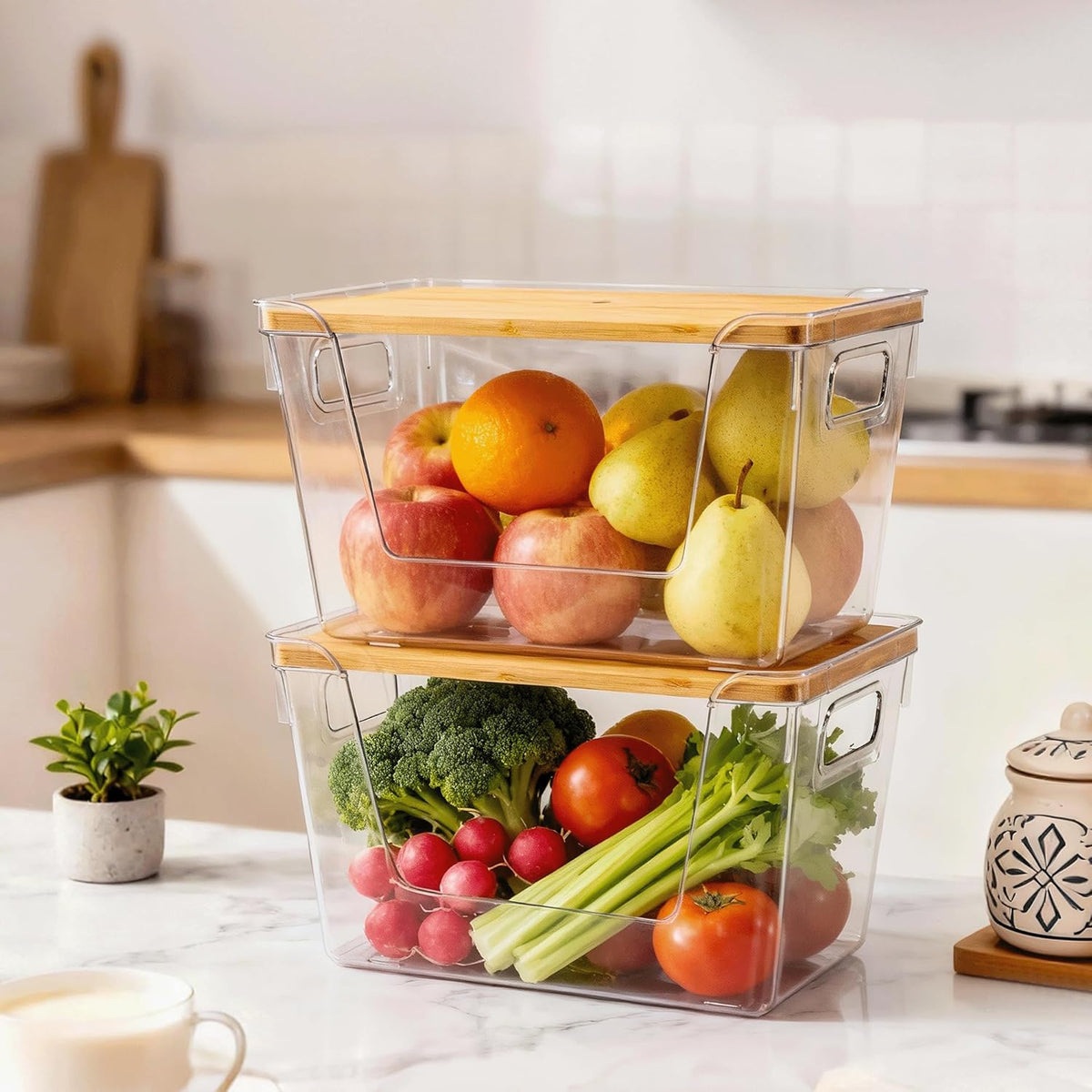 Criusia 2 Set Pantry Organizers and Storage with Bamboo Lids, Stackable Clear Bins for Onion, Potato, Fruit, Vegetables, Trash Bag Dispenser for Kitchen and Under Sink Organization