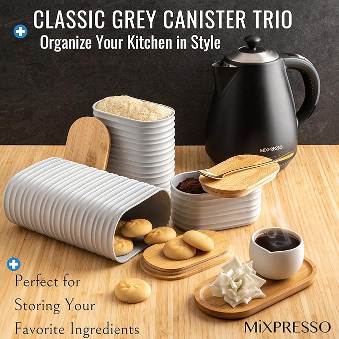 Mixpresso Gray Canisters Sets for the Kitchen – 3-Piece Airtight Plastic Sugar Container Set with Bamboo Lids in Three Different Sizes – Decorative Modern Storage Jars for Coffee, Tea & Countertops