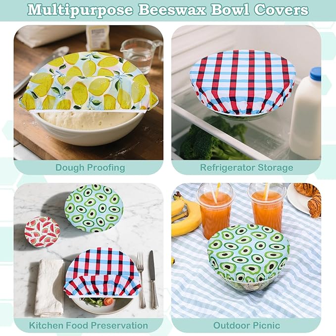 5-Size Reusable Beeswax Bowl Covers for Bread Proofing, Cotton Cloth Flexible Beeswax Wraps for Food Storage(Fruit Grid)