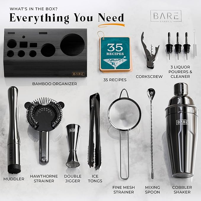 BARE BARREL® Mixology Bartender Kit Bar Set | 14-Piece Cocktail Shaker Set | Martini Barware Mixing Tools for Home Bartending | Incl. 35 Recipe Cards | Gift Set (24oz Cobbler Shaker, Jet Black/Black)