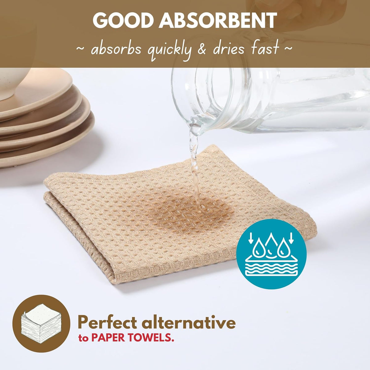 Native Fab Cotton Kitchen Towel with Hanging Loop 16x26 inches, 4-Pack, Waffle Weave Kitchen Towels for Cleaning Drying, Washcloths Soft & Absorbent Cloth Rags, Bar Towel, Dish Cloth, Beige