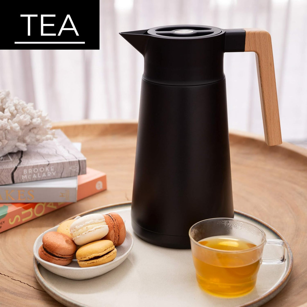Hastings Collective Thermal Coffee Carafe 68 Oz - Large Stainless Steel Insulated Carafe - 2 Liter Double Walled Vacuum Thermos Coffee and Beverage Dispenser with Tea Infuser and Strainer (Black)