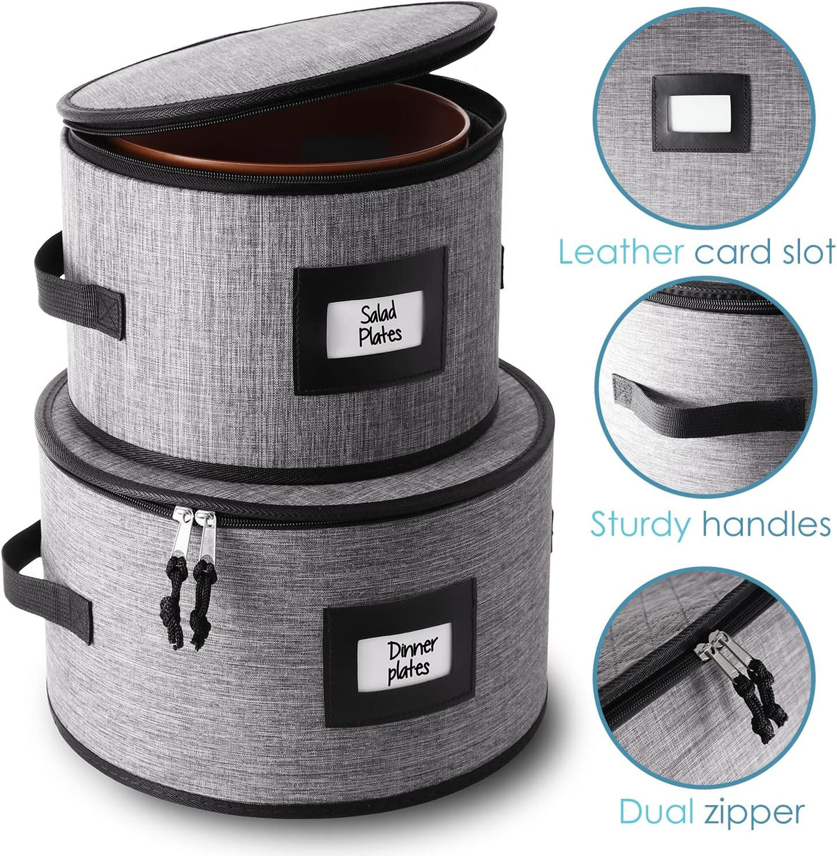 Hearth & Harbor Fine China Storage Containers, 6 Piece Dish Storage Containers, Stackable Plate Storage, Coffee Mug Storage and Wine Glass Storage Box with Dividers, Quilted Dish Organizers, Grey