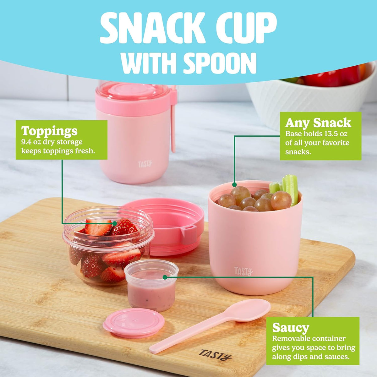 Tasty Travel Snack Cups with Spoons, On-The-Go Snacking, Divided Compartments, Great for Nuts, Cereal, Granola, Yogurt and More, Made Without BPA, 2-Pack, Pink
