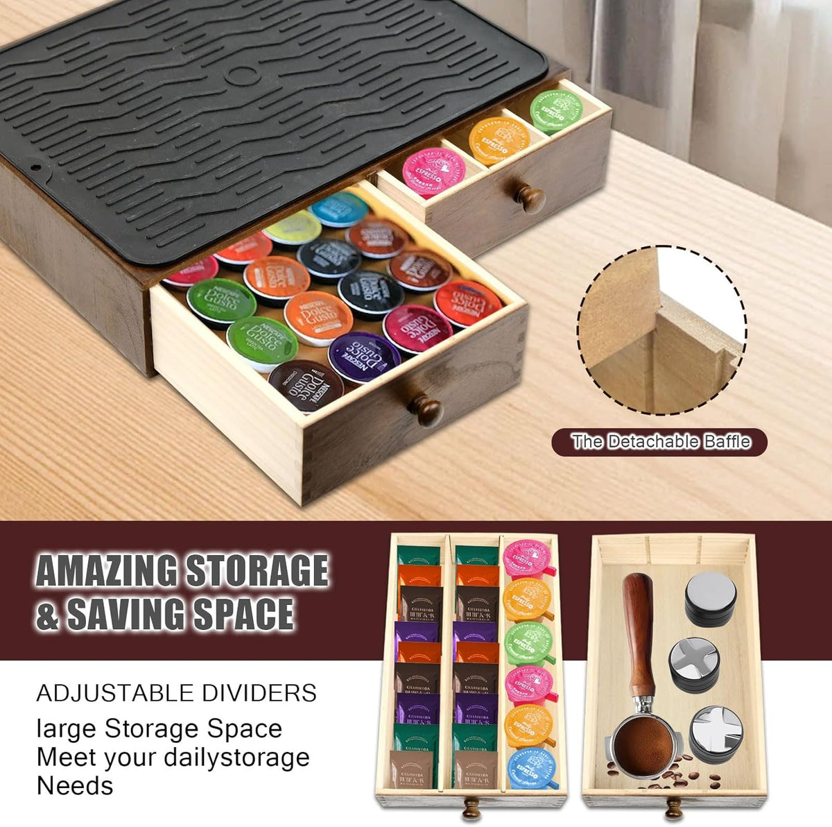 Wooden Coffee Pod Holder with Silicone Non-Slip Pad, Coffee Storage K Cup Organizer for Countertop, K Cup Drawer and Tea Organizer for Counter, Coffee Station Organizer (30 Pod Capacity)