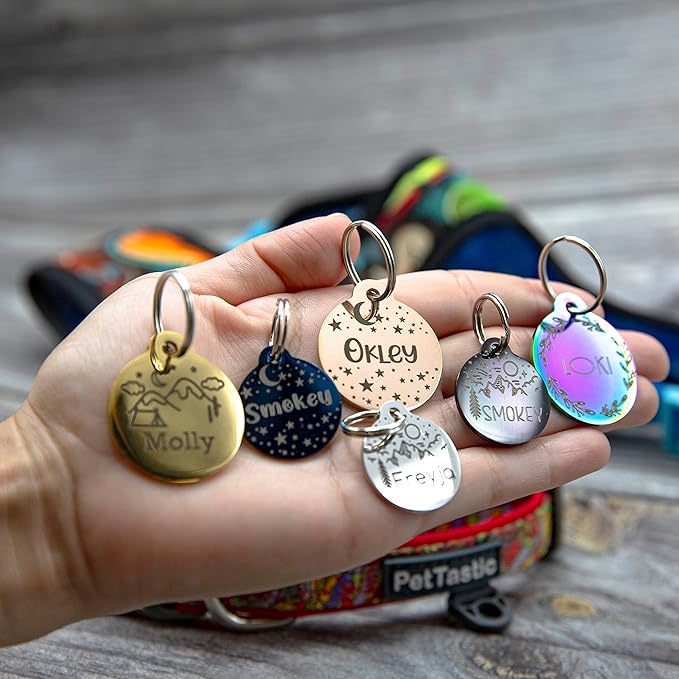 Personalized Dog Tag with 5 Lines of Custom Deep Engraved Durable Stainless Steel Pet ID Name Tag Designer Regular Size Round