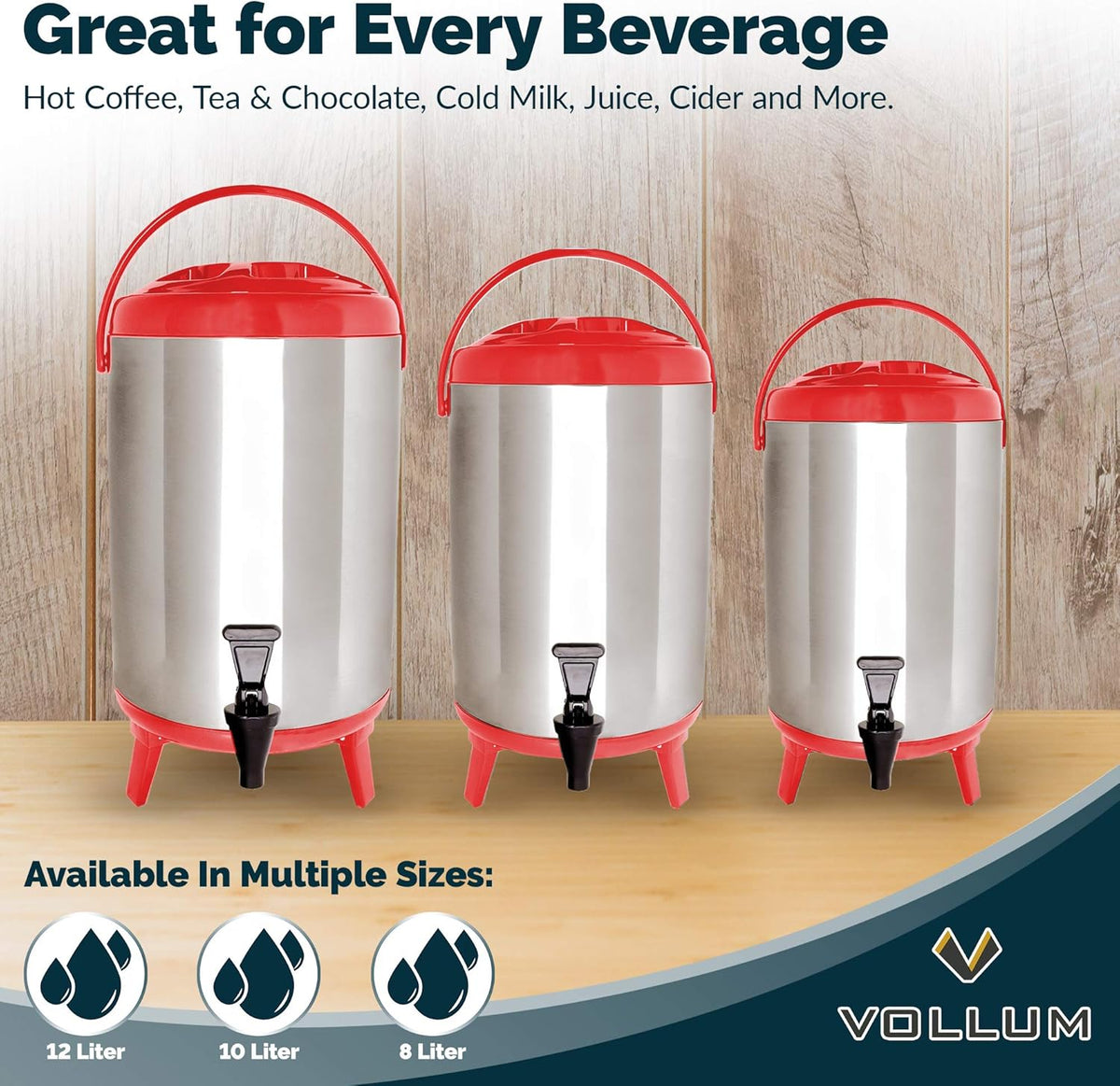 Stainless Steel Insulated Beverage Dispenser – Insulated Thermal Hot and Cold Coffee Carafe – 8 Liter Drink Dispenser with Spigot for Hot Water, Tea & Coffee, Cold Milk, Juice & More RED