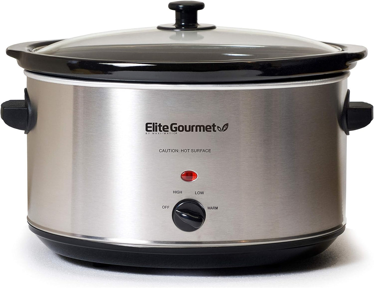 Elite Gourmet Stainless Steel Slow Cooker, Dishwasher-Safe with Tempered Glass Lid, Cool-Touch Handles, Removable Stoneware Pot, 8.5 Quart,MST-900V