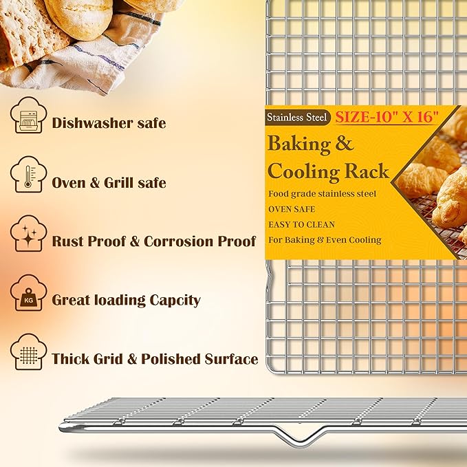 2PCS Cooling Racks for Cooking and Baking - 10" x 16"Heavy Duty Stainless Steel Wire Rack for Baking, Grilling, Roasting - Oven & Dishwasher Safe - Fits Half Sheet Pan（Silver）