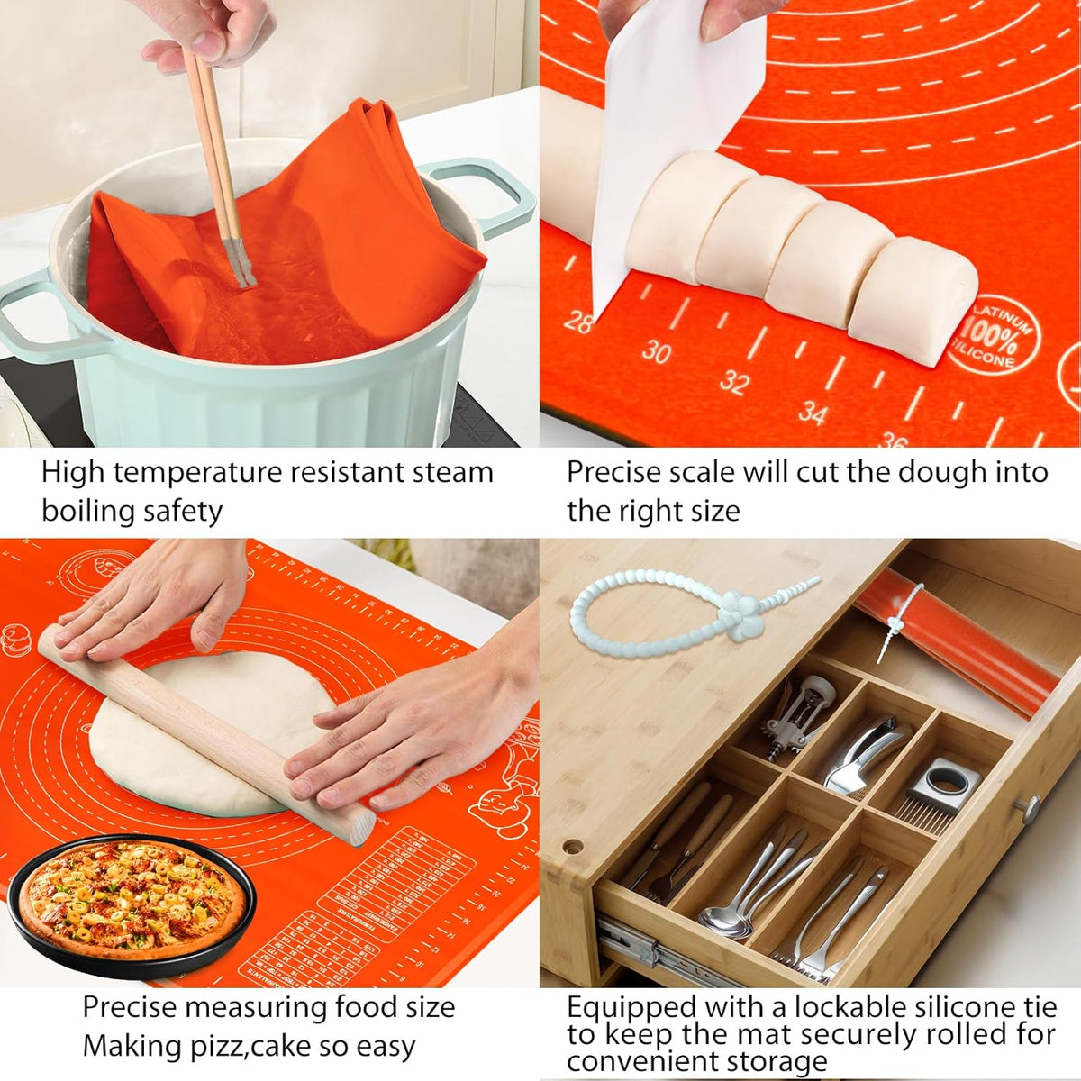 Silicone Baking Mat 32" x 24" Extra Thickness Dough Rolling Mat with Measurements and Edge Heightening, Non-stick Food Grade Silicone Pastry Mat for Pastry, Bread, Cookies, Pizza, Fondant, Pasta-Red