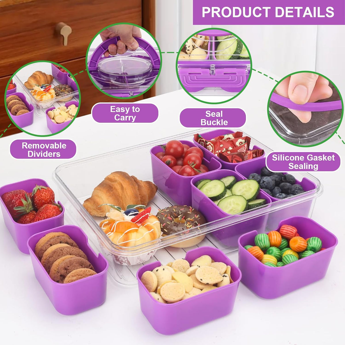 shopwithgreen 2Pcs Snackle Box Container, Divided Serving Tray with Lid and Handle, Snack Box Container Food Platter Charcuterie for Party, Veggies, Snack, Fruit, Nuts, Entertaining, Picnic,Purple