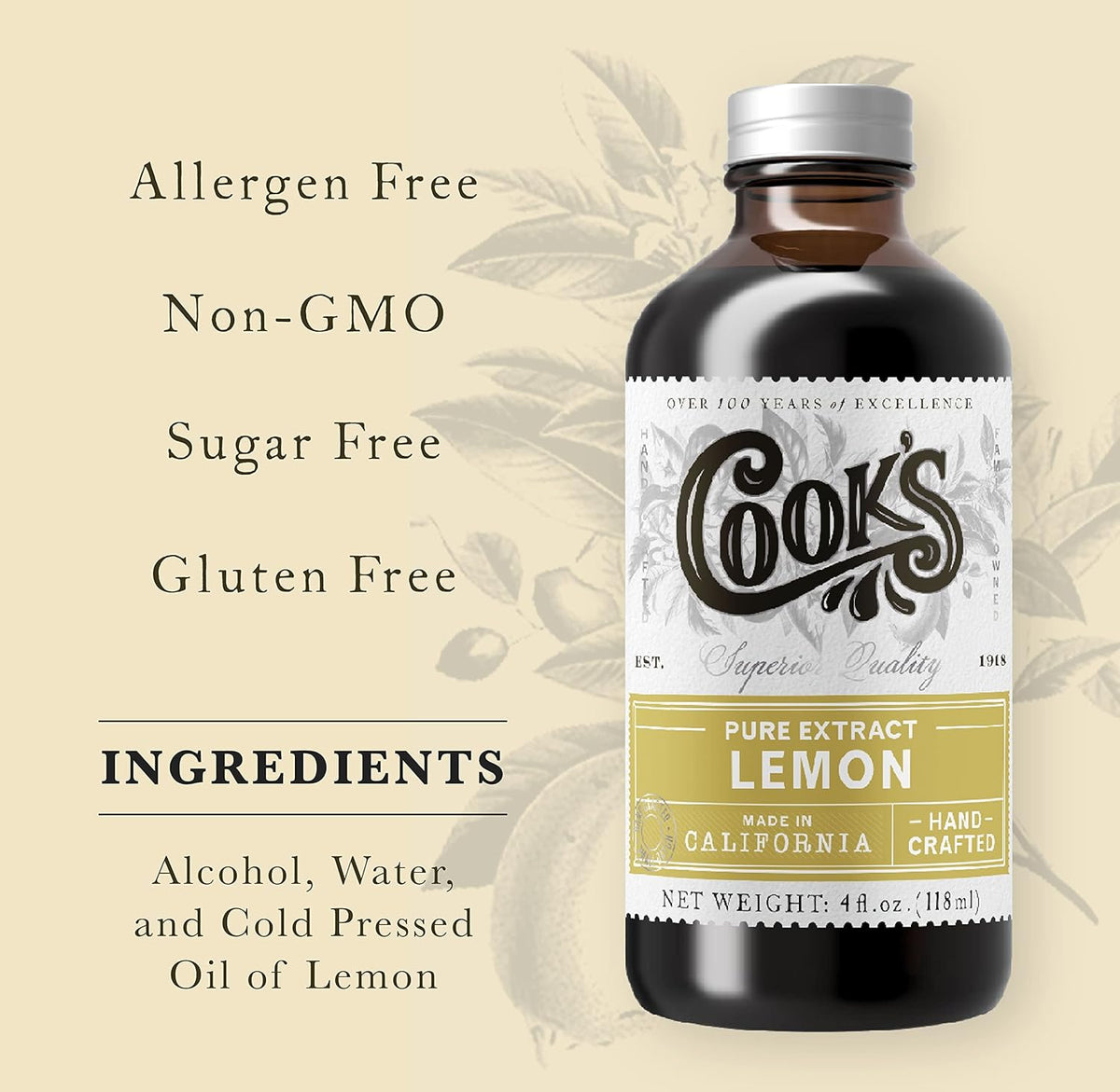 Cook's Pure Lemon Extract, Premium Quality, Cold Pressed Lemon, Sugar Free, Gluten Free, Allergen Free, 8 oz