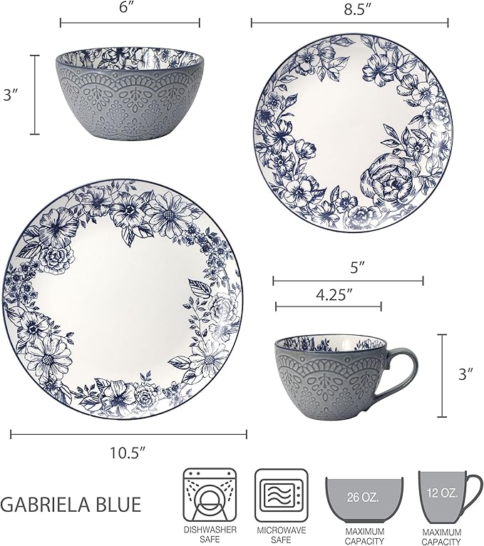 Pfaltzgraff Gabriela Blue 16-Piece Dinnerware Set, Service for 4, Durable Stoneware Plates, Bowls, and Mugs with Elegant Blue Pattern, Dishwasher Safe