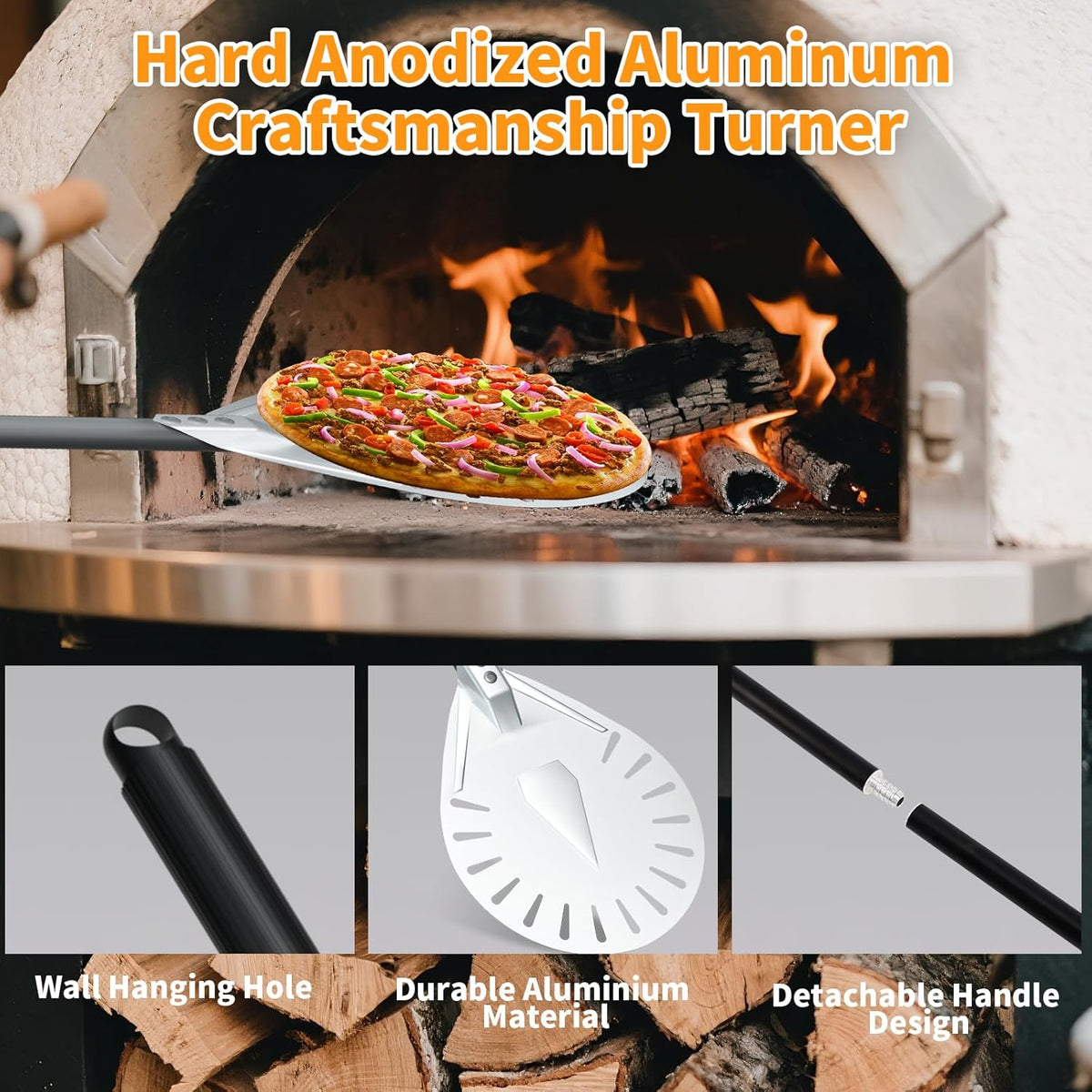 Yofuly 9 Inch Pizza Turning Peel with Oven Brush & Stone Scraper, Perforated Turner Tools Kit for Homemade Baking Pizza, 2PCS Outdoor Pizza Oven Accessories
