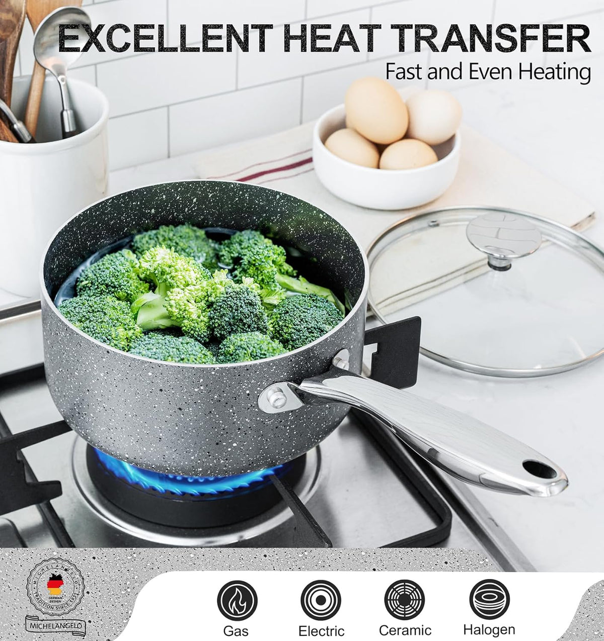 MICHELANGELO Sauce Pan with Lid, 3 Quart Saucepan with Lid Nonstick Small Pot, Granite Sauce Pan with Stainless Steel Handle, 3 Qt Saucepan Induction Compatible