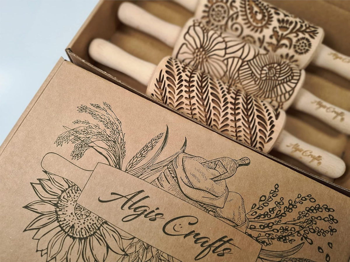 FLORAL 3 Small Textured Rolling Pin Set. Wooden laser engraved embossing dough roller for embossed cookies gift for Birthday, Easter by Algis Crafts