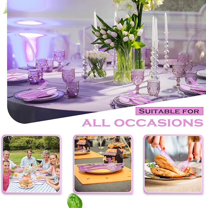 Minatee 150 Pieces Disposable Cutlery Set Plastic Silverware Heavy Duty Utensil Sets 50 Forks 50 Knives 50 Spoons for Home Office School Party Picnics Restaurant Outdoor Events(Purple)