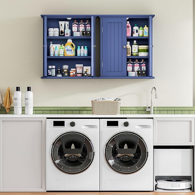 ChooChoo Bathroom Wall Cabinet, Over The Toilet Space Saver Storage Cabinet, Medicine Cabinet with 2 Door and Adjustable Shelves, Cupboard, Navy Blue