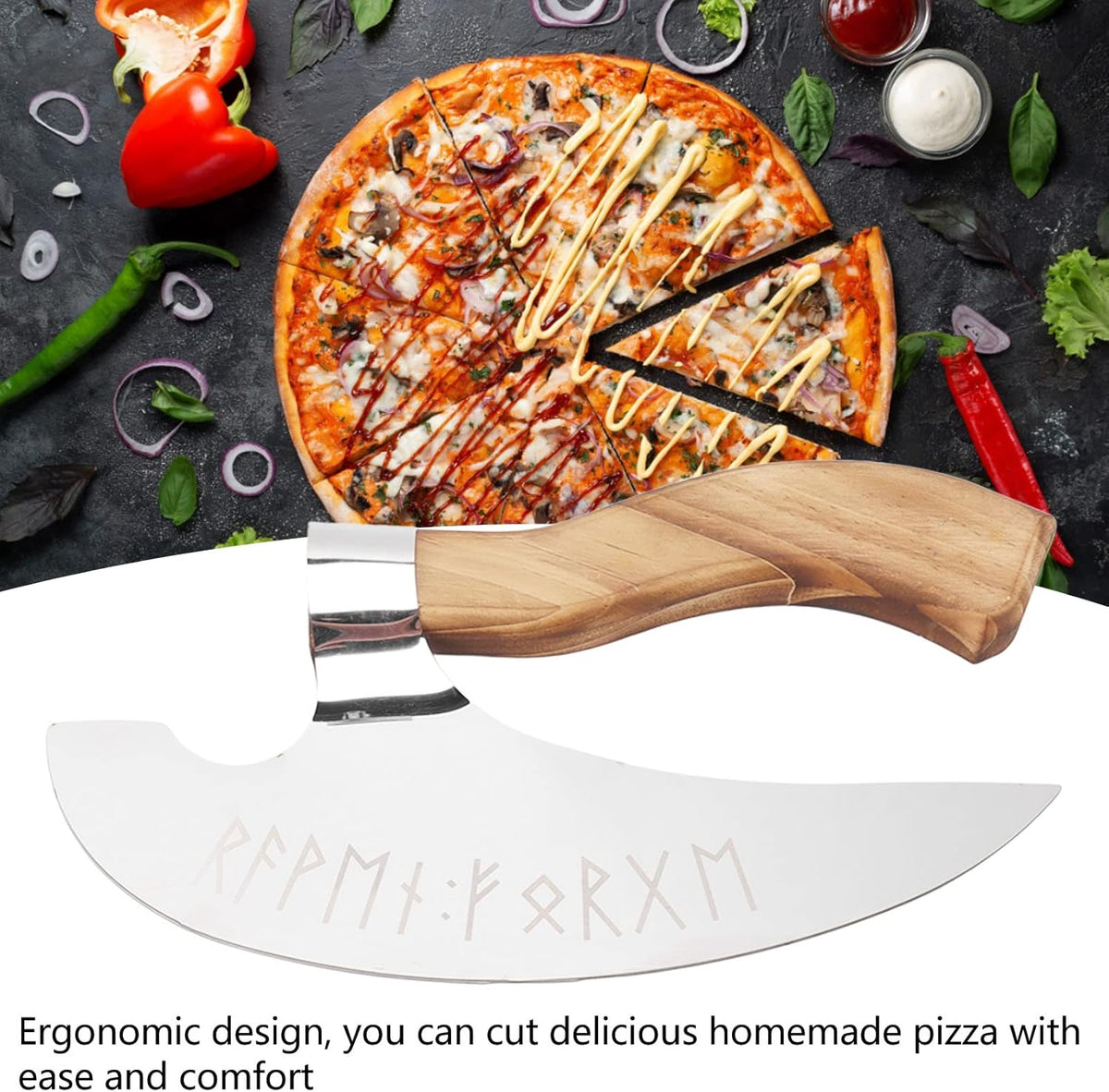 Handmade Viking Steel Pizza Axe, Camping Knives Tools Pizza Cutter with Pine Wood Handle, Handmade Stainless Steel Authentic Medieval Pizza Cutter for Home Restaurant Bar