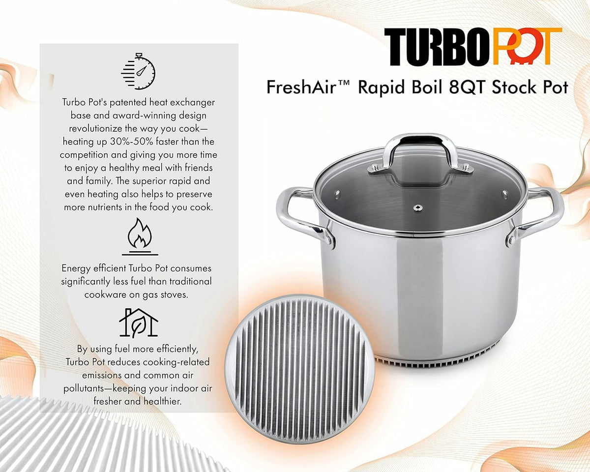 Turbo Pot® FreshAir™ Rapid Boil Stainless Steel 8 qt. Stock Pot, time-and-energy saving cookware for gas stove