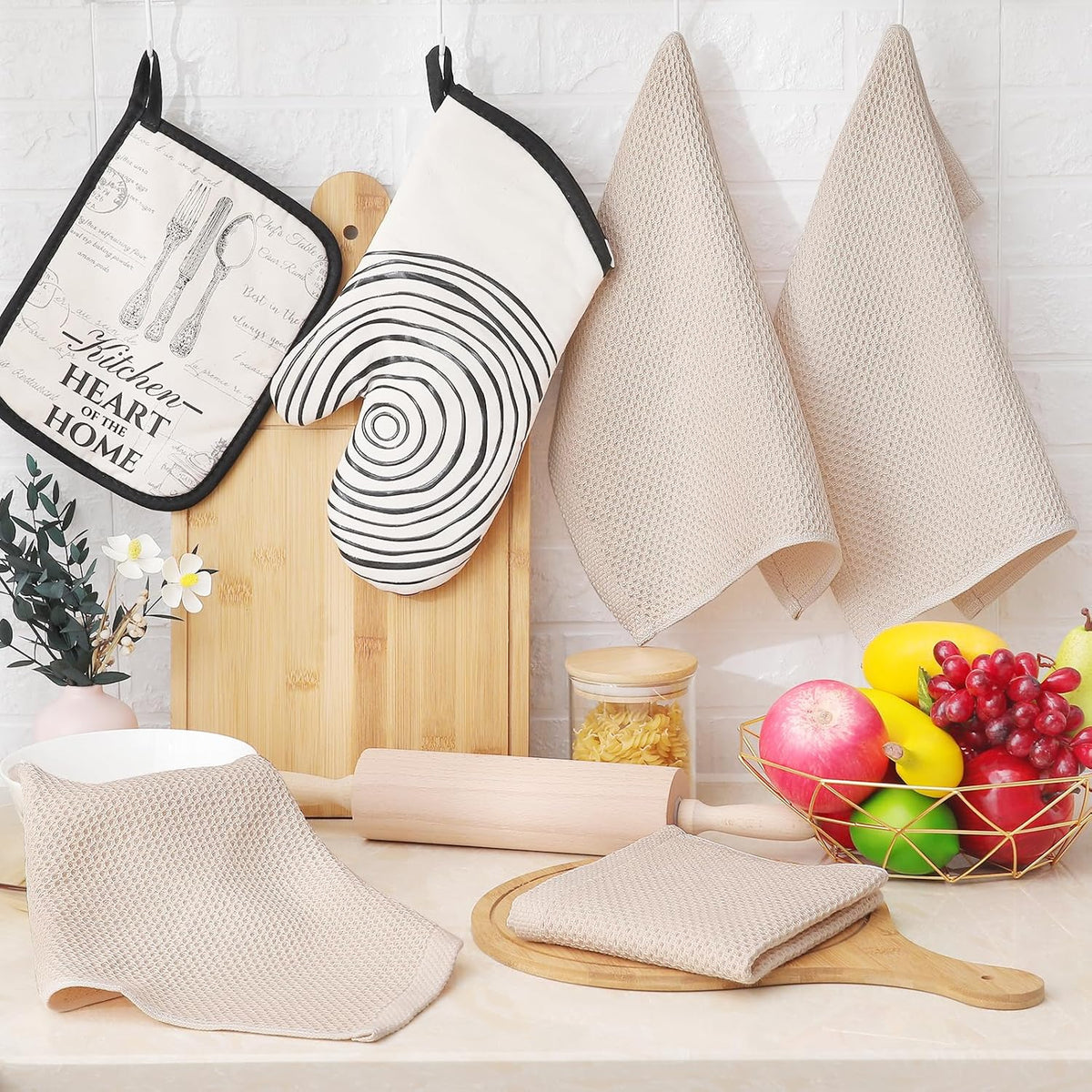 Homaxy 100% Cotton Waffle Weave Kitchen Dish Cloths, Ultra Soft Absorbent Quick Drying Dish Towels, 12 x 12 Inches, 8-Pack, Beige