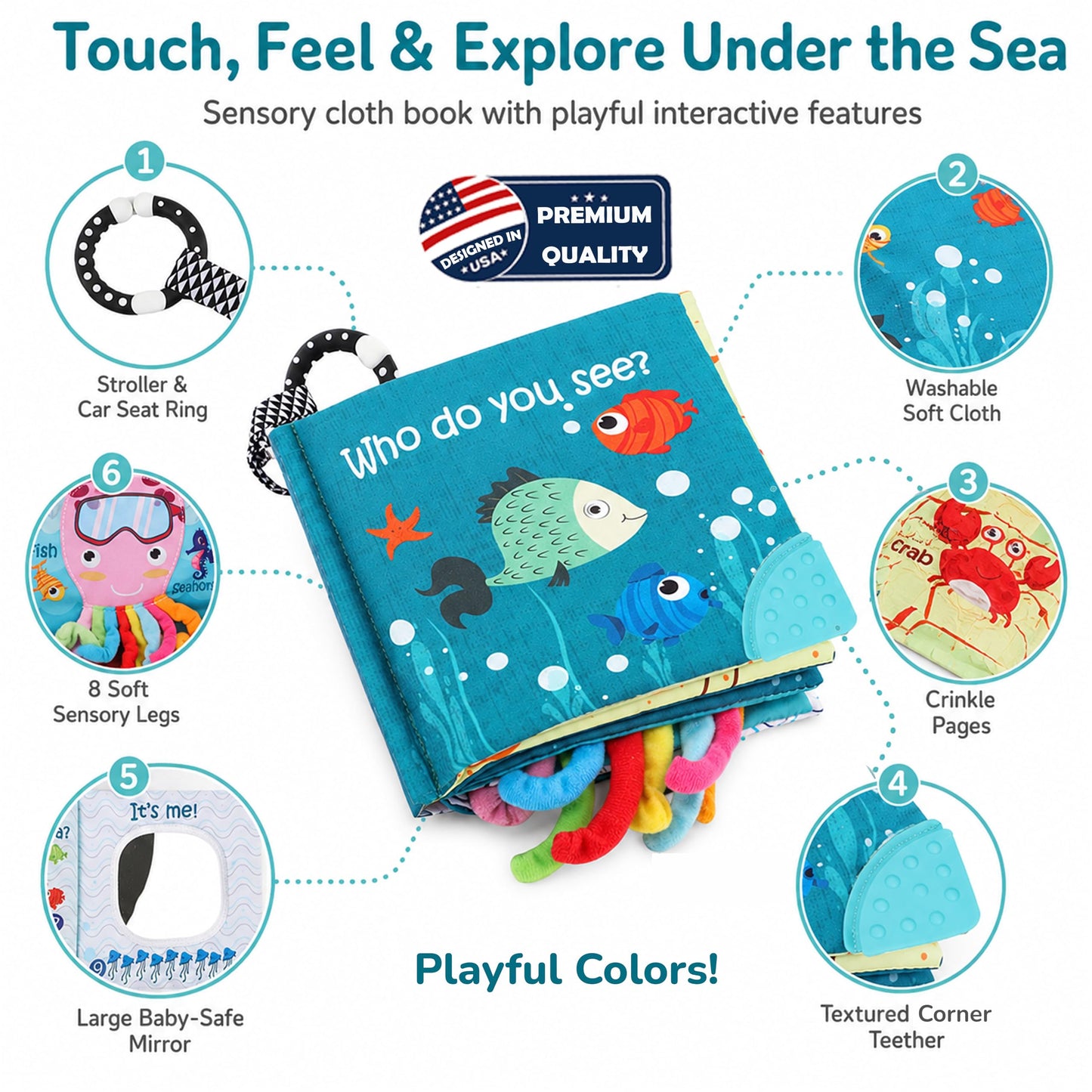 Fish Baby Books Toys, Touch Feel Cloth Crinkle Books for Babies,Baby Infant Toys 0-6, 6-12,12-18 Months,Newborn,Early Learning Education, Baby Gifts Shower for Boys Girls,Teething, Mirror,Shark Ocean