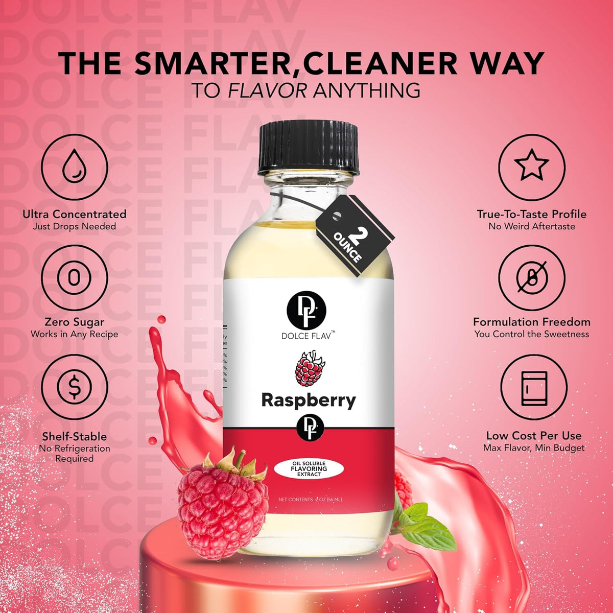 Dolce Flav Raspberry Extract (Oil-Soluble) 8 oz – Kosher, Sugar-Free, Concentrated Raspberry Flavoring for Chocolates, Candies & Baking, Includes Measured Dropper