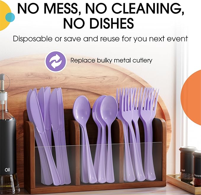 Party Solids Lavender Plastic Silverware Heavy Duty 300 Pieces Lavender Plastic Cutlery Sets, Utensil Sets, 100 Of Each Forks, Knives & Spoons Disposable Cutlery Set, Flatware Set For Party Supplies