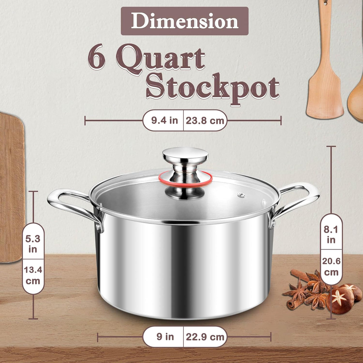 Herogo 6 Quart Stock Pot, 18/10 Stainless Steel Pasta Stockpot with Lid, 6 QT Cooking Pot with Handles, Tri-Ply Stockpot for Induction Gas Electric Stove, Dishwasher Safe