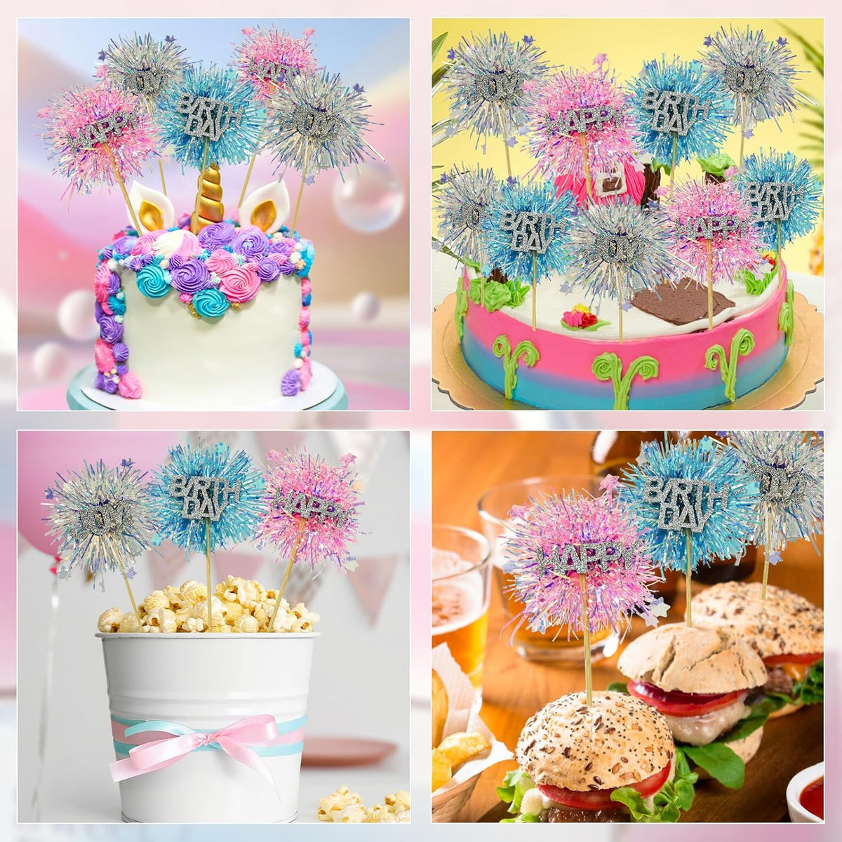 LOLStar 12 Pcs Happy Birthday Cake Toppers, Foil Firework Cupcake Toppers Blue Pink Sparkle Tinsel Drink Stirrers Cake Party Decoration, Cocktail Food Fruit Toothpick for Holiday Photo Booth Props