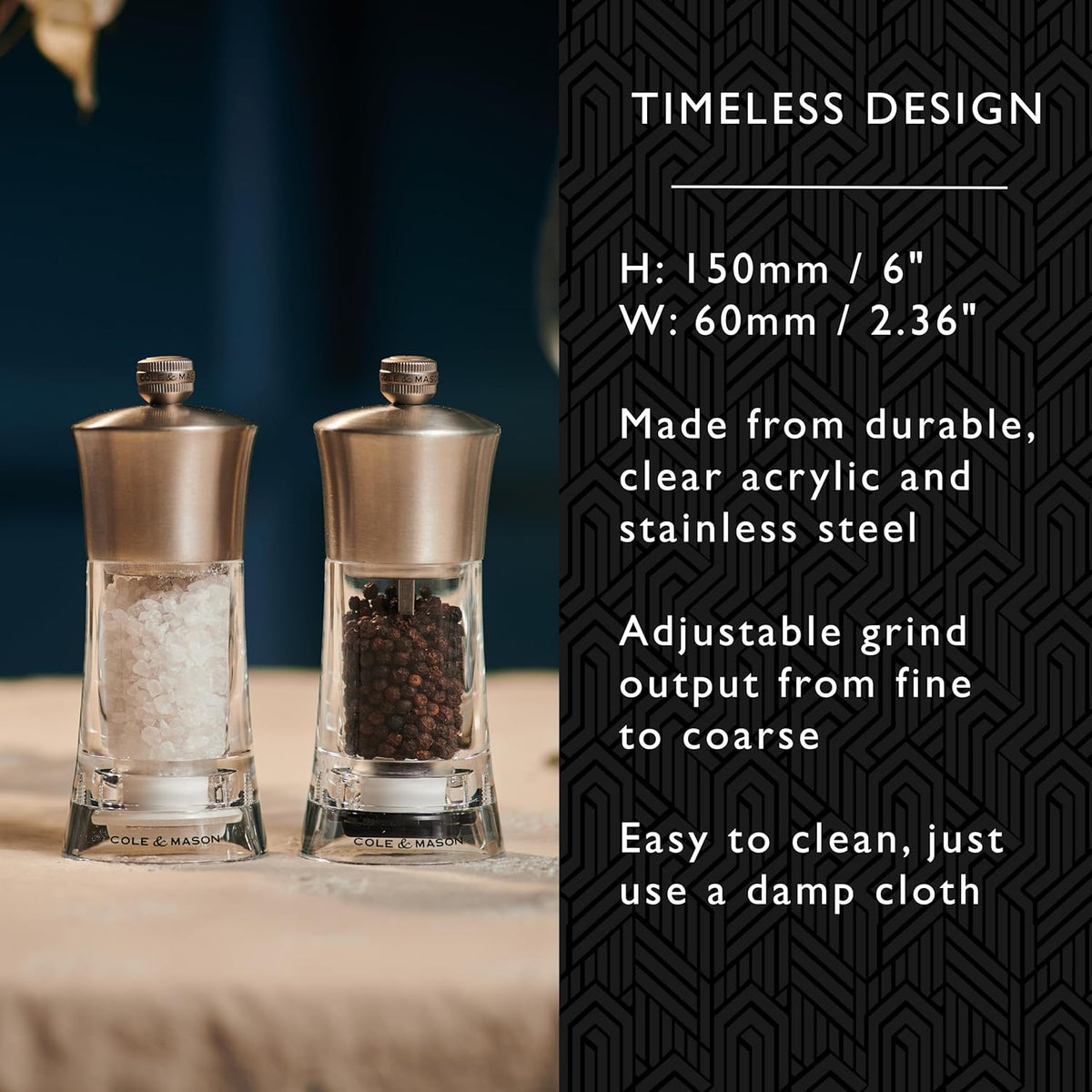 Cole & Mason Bromley Pepper Mill, 6" - Pepper Grinder with Ultra-Sharp Grinding Mechanism - Flavor-Enhancing Pepper Shaker - Refillable Mill with Adjustable Grinding - Acrylic, Pepper Mill