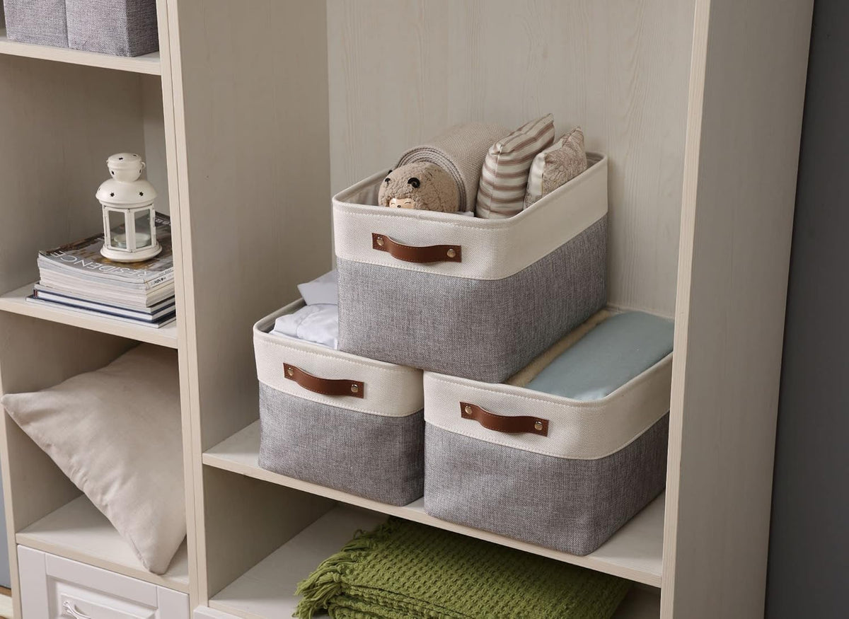 DECOMOMO Storage Baskets for Shelves - Fabric Storage Bins, Linen Closet Organizers and Storage (Grey & White, Large - 1 Pack)