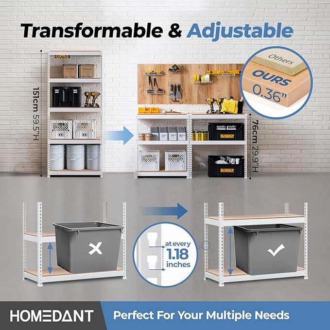 HOMEDANT 5 Tier Laminated White Boltless Metal Shelving Unit Adjustable Garage Storage Utility Rack Heavy Duty Shelves Organization Shelf Warehouse Pantry 28" W x 12.3" D x 59.5" H 10Pack
