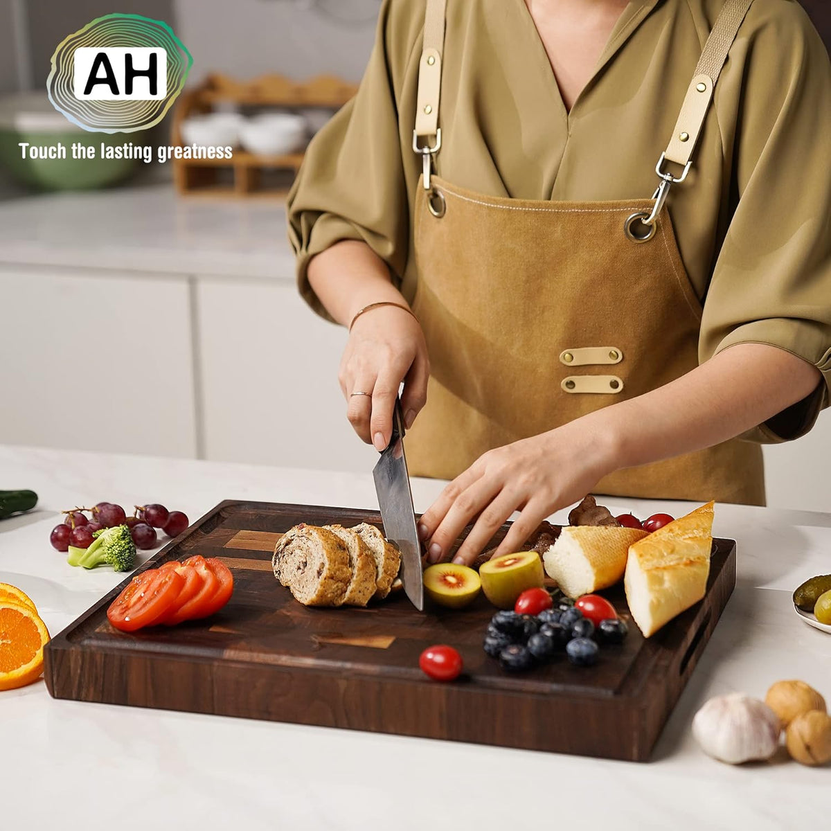 AZRHOM Large End Grain Walnut Wood Cutting Board 17x13x1.5 in Thick Butcher Block for Kitchen with Non-slip Mats Juice Groove & Handles (Gift Box)