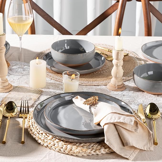 AmorArc Ceramic Dinnerware Sets for 4, 12 Pieces Handpainted Plates and Bowls Set with Rustic Terracotta Underside, Scratch Resistant Stoneware Dishes Set, Dishwasher & Microwave Safe
