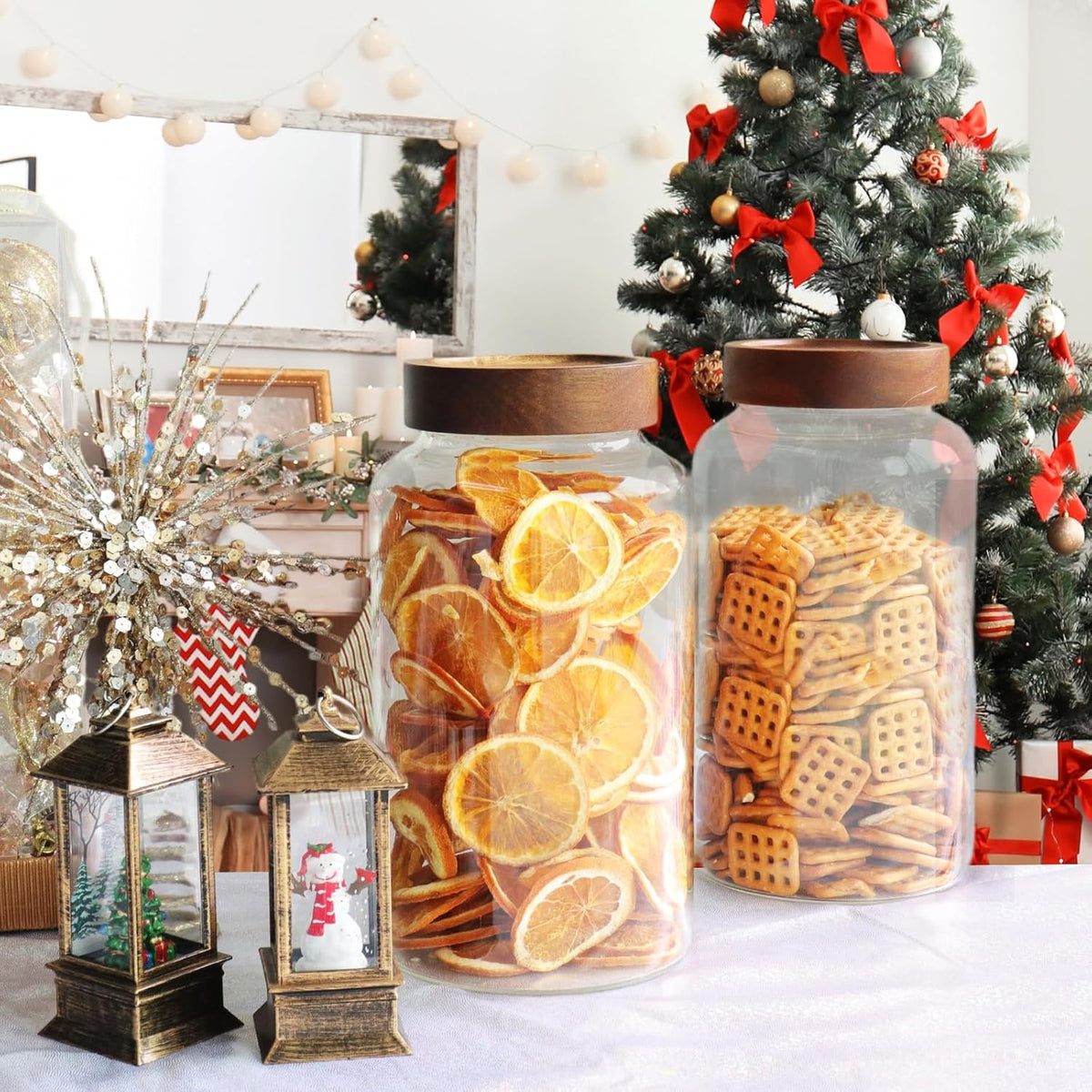 Glass Coffee Jars Spice Jar Round Storage Canister with Wooden Lid Clear Glass Food Jar for Pantry Sugar Tea Coffee Bean Spice Nuts Cookies Bath Salts (2300ml/77oz-2PACK(with spoon）)