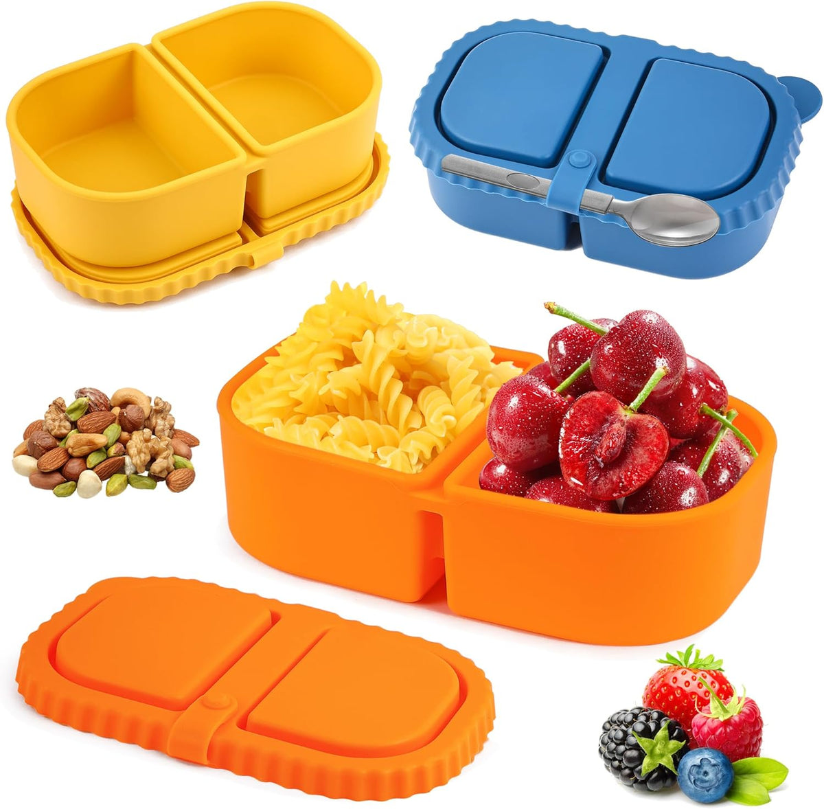 2/3/4Pack 8 oz Reusable Silicone Snack Containers with Lids, Mini Containers 2 Compartments Snackle Box for Kids & Adults, Portable Silicone Food Storage Box for Picnic, School, Office (8oz-2C-3Pcs)